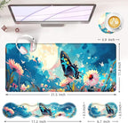 BFUKVOU Large Keyboard Mouse Pad Set, Extended Mouse Pad+Keyboard Wrist Rest Support, Memory Foam Ergonomic Easy Typing, 4Pcs (31.5×11.8 in) Desk Pad Set for Office Home,Flowers and Butterflies
