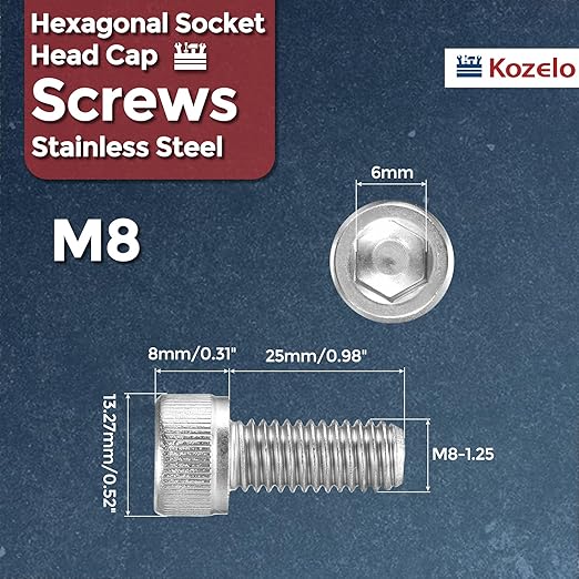 Kozelo 30pcs Socket Head Cap Screws - [M8-1.25 x 25mm] 304 Stainless Steel Allen Socket Drive for Electrical Motor 3D Printing Fan Engine Replacement Use, Silver