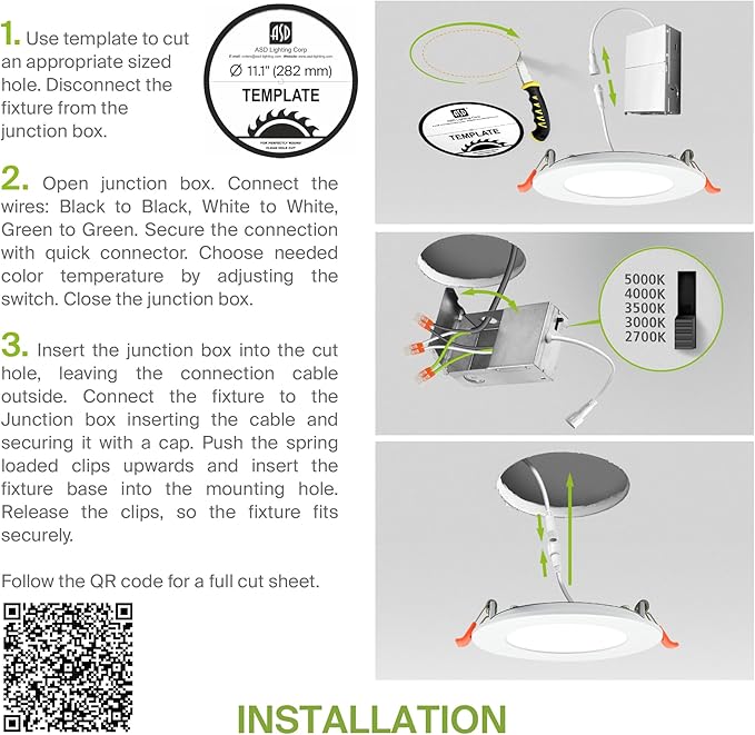 ASD 1 Pack 11/12 Inch LED Recessed Lighting 24W, 5 CCT 2700K-5000K CRI90+, IC Rated Ultra Thin Dimmable Ceiling Lights with J Box, Canless Wafer Downlight, Round Slim Panel Light, UL Listed, White