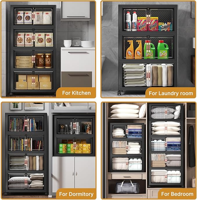 Extra Large Stackable Storage Bins with Lids & Wheels, 220QT-55QT/14GAL*4Pack Foldable Collapsible Closet Organizers Dark Storage Cabinet with Doors for Bedroom Dorm