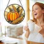 DASTOLL Stained Glass Window Hanging Autumn Harvest Pumpkin Corn 9.8" - Suncatcher Door Garden Kitchen Sunroom Sun Catcher Fall Home Decor Birthday for Mom Grandma Men Woman