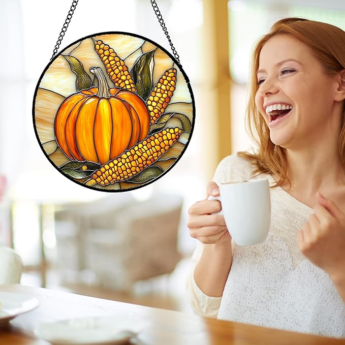 DASTOLL Stained Glass Window Hanging Autumn Harvest Pumpkin Corn Large 15" - Suncatcher Door Garden Kitchen Sunroom Sun Catcher Fall Home Decor Birthday for Mom Grandma Men Woman
