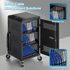 Fully Assembled 30 Unit Device Charging Station for Chromebook, iPad, 14'' Laptop - Pre Built Charging Cart with Charger Cable Management, Circuit Breaker, Grounding Protection (Black)