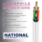 NATIONAL Wire&Cable - 16/4 Audiophile Speaker Wire (100 Feet) 16AWG Gauge - Made in USA - in Wall Audio Speaker Wire Cable/CL Rated/ETL Listed / 2 Conductors - OFC Oxygen-Free Copper, White 100ft