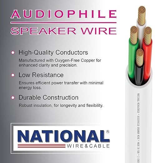 NATIONAL Wire&Cable - 14/4 Audiophile Speaker Wire (25 Feet) 14AWG Gauge - Made in USA - in Wall Audio Speaker Wire Cable/CL Rated/ETL Listed / 2 Conductors - OFC Oxygen-Free Copper, White 25ft