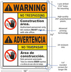 Brimar - 10" x 14" - Bilingual Warning Construction Area No Trespassing Sign - .055″ Polyethylene Plastic - Bold Text - Easy Installation