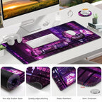 Gaming Mouse Pad, Large Desk Mat, Cute Desk Pad, 4in1 XXL Mousepad + Keyboard Wrist Rest+Mouse Wrist Rest+Coaster Set with Ergonomic Desk Pad for Home Office Table Computer, Purple Anime Neon