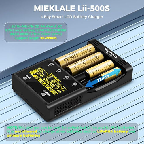 18650 Battery Charger, MIEKLALE 4-Bay Rechargeable Battery Charger with Smart LCD Display, Discharge & Testing Functions for Rechargeable Batteries Li-ion 26650 14500 17500 RCR123,Ni-MH/Cd AA AAA