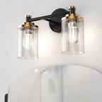 PHIXART Bathroom Lighting Fixtures Black and Gold Bathroom Vanity Light with Cylindrical Clear Stripes Glass Lampshade E26 Socket Base Bathroom Lighting Fixtures Over Mirror (2 Lights)