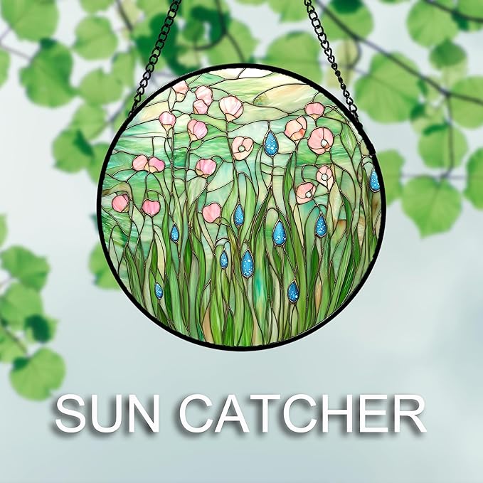 AMDERVEN Stained Glass Window Hanging 4 Pcs Set Pink Green Spring Saplings Flowers 7.8" - Suncatcher Door Garden Sun Catcher Home Decor Mother's Day for Woman Nana Mom Men