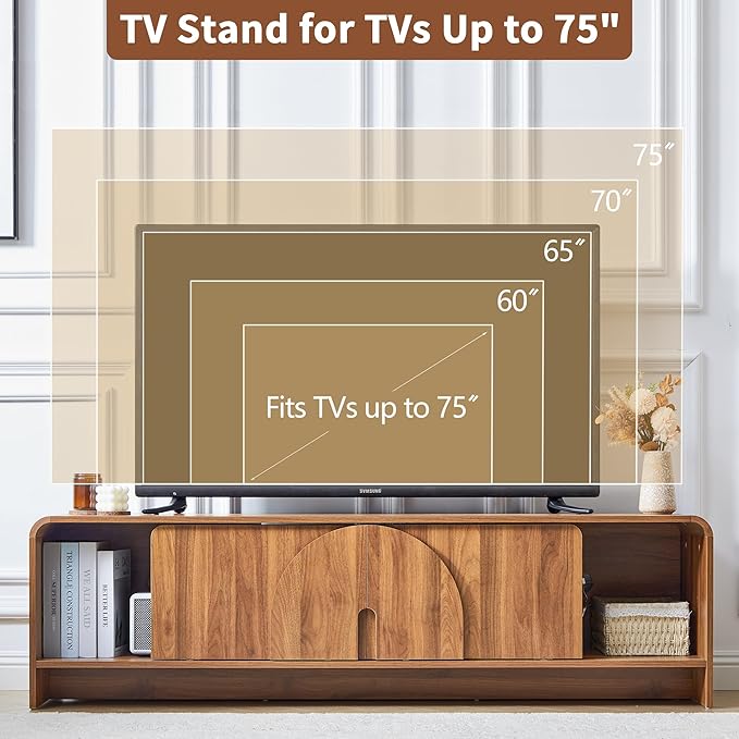 BERRYMERRY 63'' TV Stand for Up to 75" TVs,MCM TV Console Table with Big Arched Handle,Television Stands Entertainment Media Center with Sliding Door for Living Room Bedroom (Walnut)