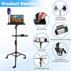 STEADUS Projector Stand Tripod – 24 to 59 Inch Adjustable Height – Dual Shelves Laptop Tripod Stand with Moveable Wheels and Phone Holder, Portable Laptop Stand for Office, Stage & Outdoor Use