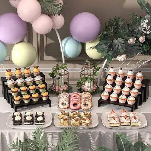 2 Set Large Black Wooden Tiered Riser Display Stands for Vendor Events,Stackable Wooden Cupcake Stand,Farmhouse Decor Wood Dessert Table Display Set,Vendor Booth Display Items,Food Display Risers for Party（12-11.2-10.4-9.6IN）