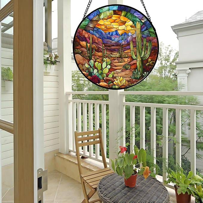 CRISGIF Stained Glass Window Hanging Cactus Mountains Landscape Large 11.8" - Suncatcher Door Garden Sunroom Sun Catcher Home Decor Birthday Christmas for Mom Men Woman Nana