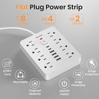 Bawmwim Surge Protector Power Strip - 8 Outlets(1250W/10A) 4 USB A（2 USB C, 10FT Flat Plug Extension Cord, Wall Mount Multi Plug Outlet Extender, ETL Listed for Home, Dorm Room