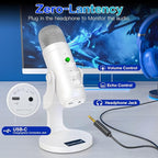 ZealSound Wireless Microphone,USB Mic for iPhone PC iPad Android Phone-Cordless Condenser Desktop Microphones with Mute Echo Monitor Volume Gain 2.4GHz for Podcast,ASMR,Gaming,YouTube Video/K66 White