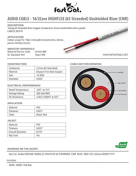 fast Cat. Speaker Wire 16 Guage 2C, UL Listed & CMR/CL3R-FT4 Rated - Speaker Cable w/PVC Jacket, 100% Oxygen-Free Pure Bare Copper - (65) HighFlex 16 Guage Wire - in-Wall Use-500ft Bulk Cable, Purple