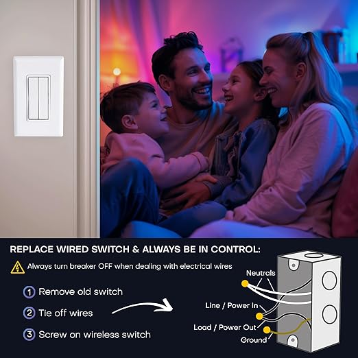 RunLessWire Click for Philips Hue – Battery-Free Wireless Smart Light Switch, 30ft Range – Works Natively with Philips Hue Bridge – Wall Mount Kinetic Switch - Decora Style, Black