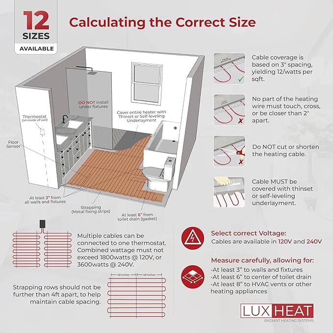 LuxHeat 180sqft Floor Heating Cable Kit - 240v Heated Bathroom Floor Kit - Heated Flooring System Includes UDG4 Programmable Thermostat w/GFCI, Heating Cable, Strapping, Flooring Sensor & Alarm