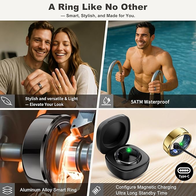 RIFESI Smart Ring for Women Men, Fashion Minimalist Fitness Ring & Sleep Tracker Ring with Heart Rate, Blood Pressure,5ATM Waterproof Health Ring,Gifts for Women Men Gift,No Subscription (12,Black)