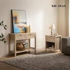 SICOTAS Night Stand Set of 2 with Charger Station Rattan Nightstands with Drawer Farmhouse Bedside Table with USB and Type-C Ports Boho End Side Table for Bedroom Small Space, Light Oak