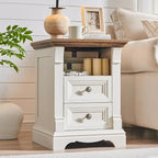 T4TREAM Farmhouse Nightstand Set of 2, 18" End Table with 2 Drawers Storage, Wood Side Table w/Roman Column, Bedside Cabinet for Bedroom, Living Room, Antique White