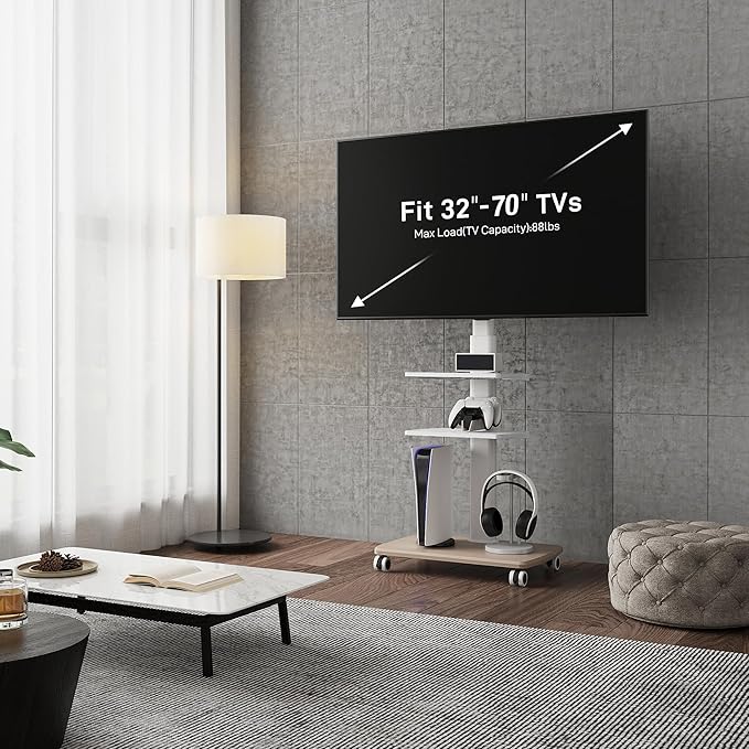 FITUEYES Rolling TV Stand, Mobile TV Cart on Wheels for 32-65 70 Inch Flat Screen TVs, Tall Floor TV Stand with Swivel Mount, Corner TV Stands for Bedroom, Living Room, Home Office,Small Dorm, White