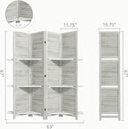 HOMCOM Room Divider, 4 Panel 67" Tall Wood Privacy Screen with 3 Display Shelves, and Folding Storage for Bedroom or Home Office, Distressed White