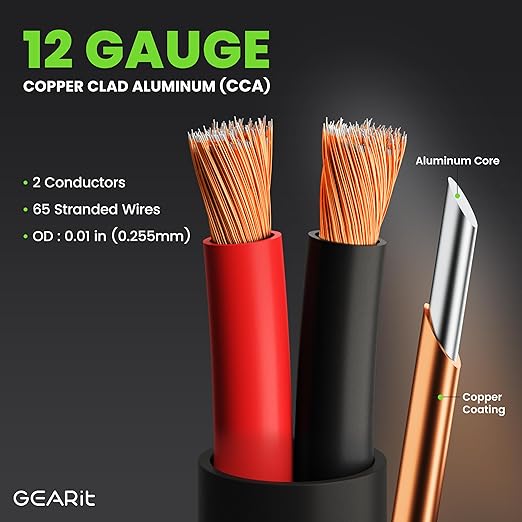 GEARit Outdoor Speaker Wire CL3 Rated, 12 Gauge Speaker Wire, Speaker Cable 200 ft for Outdoor Speakers, Patio, Garden, Backyard Audio, Direct Burial in Ground/in Wall, CCA (Black, 2-Conductors)