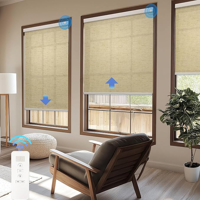 COOLWINDS Motorized Blinds with Remote Cordless Automatic Motorized Shades Custom Blinds for Windows Smart Curtains Compatible with Alexa Google Home(Light Filtering Linen Soft Dunes,W22 x H72in)