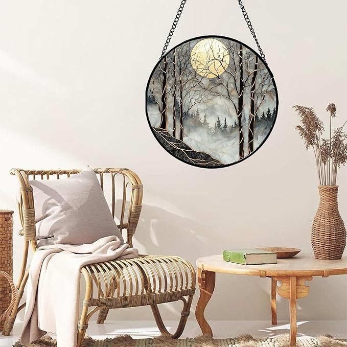 AMDERVEN Stained Glass Window Hanging - Black and White Gold Moon Forest Sun Catcher for Door Home Decor Suncatcher Christmas Mother's Day Birthday Gifts for Women Men Lovers Mom Nana 7.8 in