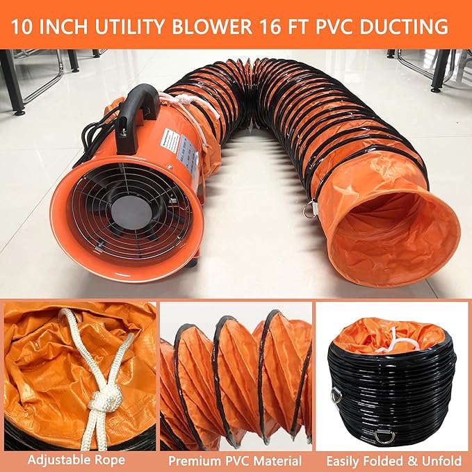FICBXRA Utility Blower Fan 10 Inch Portable Axial Exhaust Fan 350W/2.6A 1600CFM High Velocity Ventilator with 16FT Duct Hose for Exhausting & Ventilating at Home and Job Site
