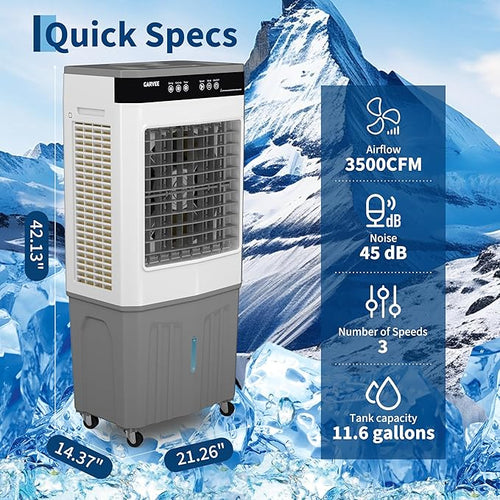 11.6 Gal Portable Evaporative Air Cooler, 3500 CFM cooler with Remote Timer, 3 Speeds 120° Oscillation 3-Side Cooling Pads, Auto-Swing for Home Workshop Office Garage