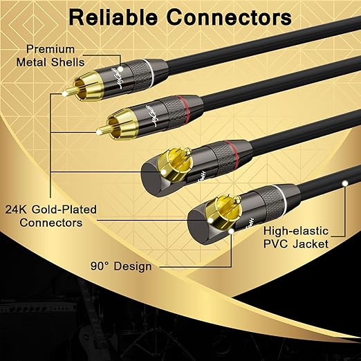 Mygatti Cable 40 FT, 90 Degree Right Angle to Stereo Audio Cable, Zinc Alloy Shell, Gold-Plated Plug, Audio Cord, for Home Theater, Subwoofer, HDTV, Amplifier, Hi-Fi System, Car, Speaker