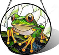 DASTOLL Stained Glass Window Hanging, Green Frog White Petals Sun Catchers Colorful Glass Panel Cute Suncatcher Decor for Birthday for Women, Men, Wife, Aunt, and Mom 9.8 in