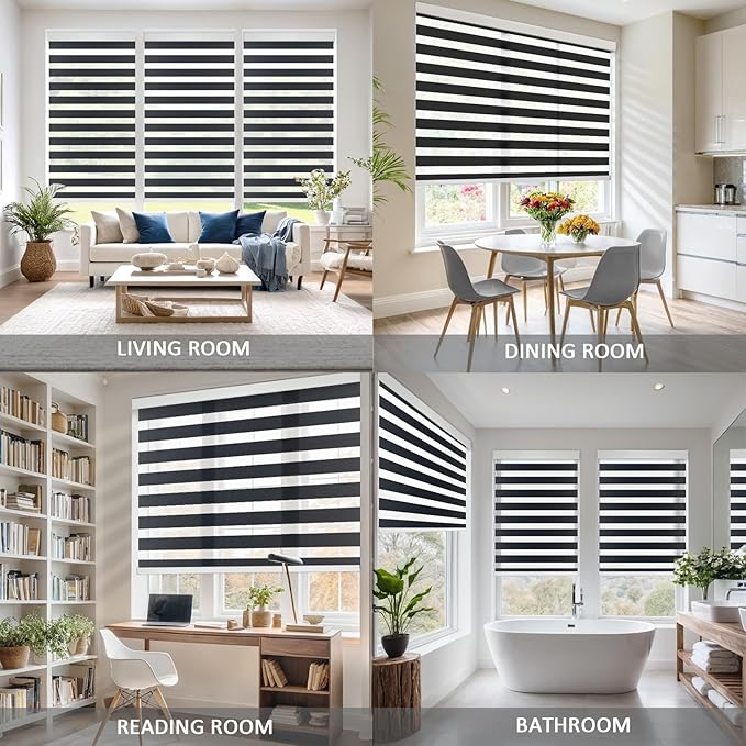COOLWINDS Motorized Zebra Blinds for Windows Cordless Electric Curtains with Remote Control Blackout Shades Custom Smart Blinds Compatible with Alexa Google Home(Light Filtering Black,W32 X 72in)