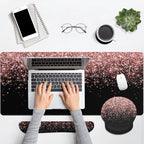 Britimes Rose Gold Pink Keyboard Mouse Pad Set Black Golden 4in1 Large Mousepad+Keyboard Wrist Rest+Mouse Wrist Rest+Coaster Ergonomic Design for Home Office Computer 35.4x15.7 inches