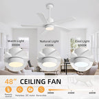 WINGBO 48 Inch DC Ceiling Fan with Lights and Remote Control, 5 Carved Solid Wood Blades, 6-Speed Noiseless Reversible DC Motor, Indoor Ceiling Fan in Gloss White Finish with White Blades