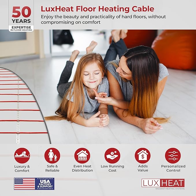 LuxHeat 40sqft Floor Heating Cable Kit - 240v Electric Heating Floor System - Heated Flooring System Includes UDG4 Programmable Thermostat w/GFCI, Heater Cable, Strapping, Flooring Sensor & Alarm