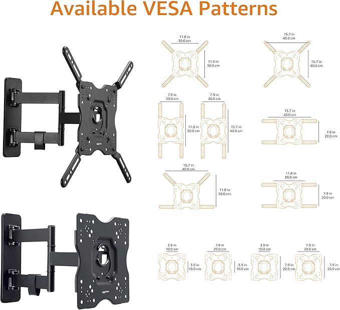 Amazon Basics Full Motion Articulating TV Wall Mount, with Swivel and Tilt, for 26" to 55" TVs and Flat Panels up to 80 Lbs, VESA Compatible, Black