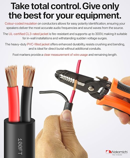 Nakamichi 12/2 (250-Foot) in-Wall & Direct Burial (UL CL2 CL3 Rated) Oxygen-Free Copper (OFC) 2-Conductor Speaker Cable Wire, Outdoor In-Ground, in-Ceiling, Riser, Black (12AWG / 250ft / 76.21m)