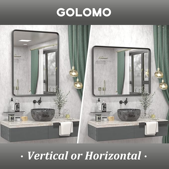 48x36 Black Matte Bathroom Mirror for Wall, Black Metal Framed Vanity Mirror for Bathroom, Rounded Rectangle Mirror with Beveled Border, Anti-Rust, Shatterproof (Horizontal/Vertical)