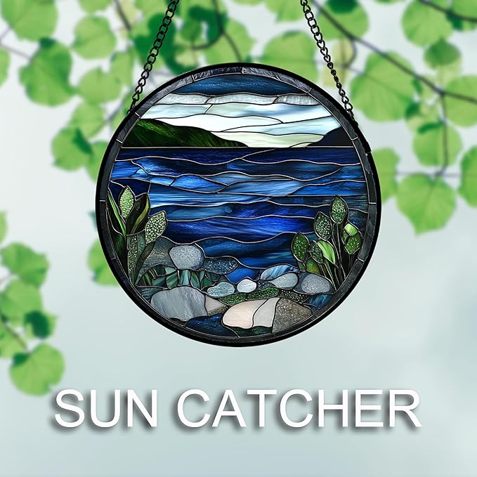AMDERVEN Stained Glass Window Hanging 4 Pcs Set Navy Blue Ocean Landscape 7.8" - Suncatcher Door Garden Sun Catcher Decor Birthday Mother's Day for Mom Woman Nana Girl Boy Friend