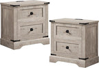 T4TREAM 24" Farmhouse Nightstand with Charging Station Set of 2, Large End Table with 2 Storage Drawers, Rustic Wood Sofa Bedside Table for Bedroom, Light Rustic Oak