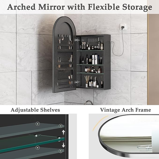 16x 32 inch Bathroom Cabinet with Mirror,Black Arched Medicine Cabinet with Outlets,Vanity Mirror with Storage,Metal Framed Wall Mounted Medicine Cabinet with Adjustable Shelf