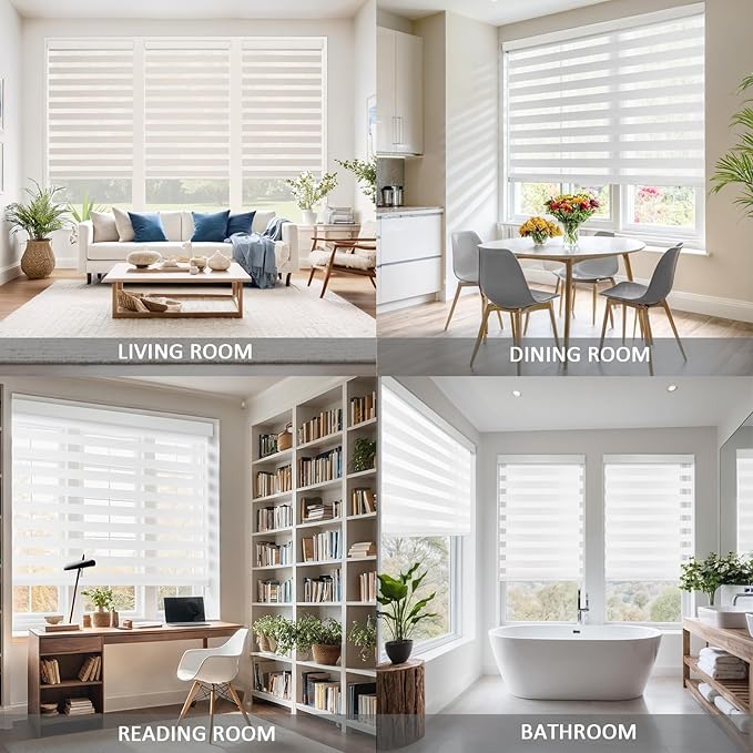 COOLWINDS Motorized Zebra Blinds for Windows Cordless Electric Curtains with Remote Control Blackout Shades Custom Smart Blinds Compatible with Alexa Google Home(Light Filtering White,W37 X 72in)