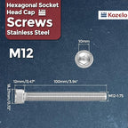 Kozelo 2pcs Socket Head Cap Screws - [M12-1.75 x 100mm] 304 Stainless Steel Allen Socket Drive for Electrical Motor 3D Printing Fan Engine Replacement Use, Silver