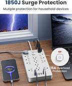 JouleLoom Surge Protector Power Strip-14 Outlets and 6 USB Ports, 6 Feet Flat Plug Extension Cord, 1850 Joules, White, ETL Listed for Home, Office, Dorm Room