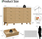 Fluted Dresser for Bedroom with 12 Drawers, 57" Wide Modern Chest of Drawers with Metal Handle, Wooden Dresser TV Stand, Wood Closet Clothes Storage Organizer for Living Room, Hallway, Natural Oak