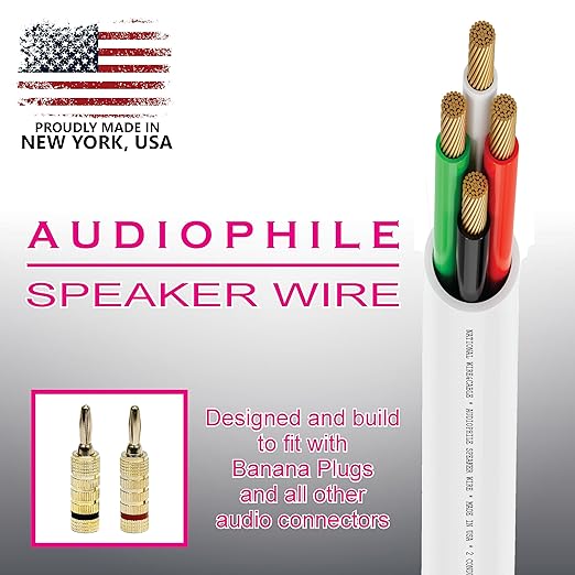 NATIONAL Wire&Cable - 16/4 Audiophile Speaker Wire (1000 Feet) 16AWG Gauge - Made in USA - in Wall Audio Speaker Wire Cable/CL Rated/ETL Listed / 2 Conductors - Oxygen-Free Copper, White 1000ft